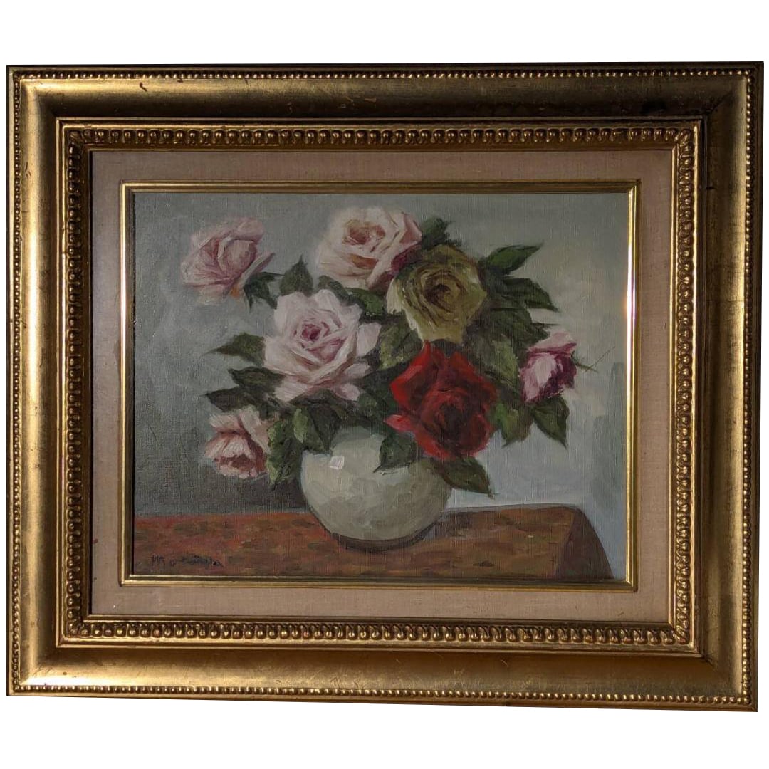Oil on canvas, dimensions 6, still life of roses in a vase, framed.: Oil on canvas, size 6, Still Life with Roses in a Vase, framed, Still Life with Roses Product Description: Frame dimensions: approximately 61 x 52 cm Artwork dimensions: approximately 40 x 30 cm