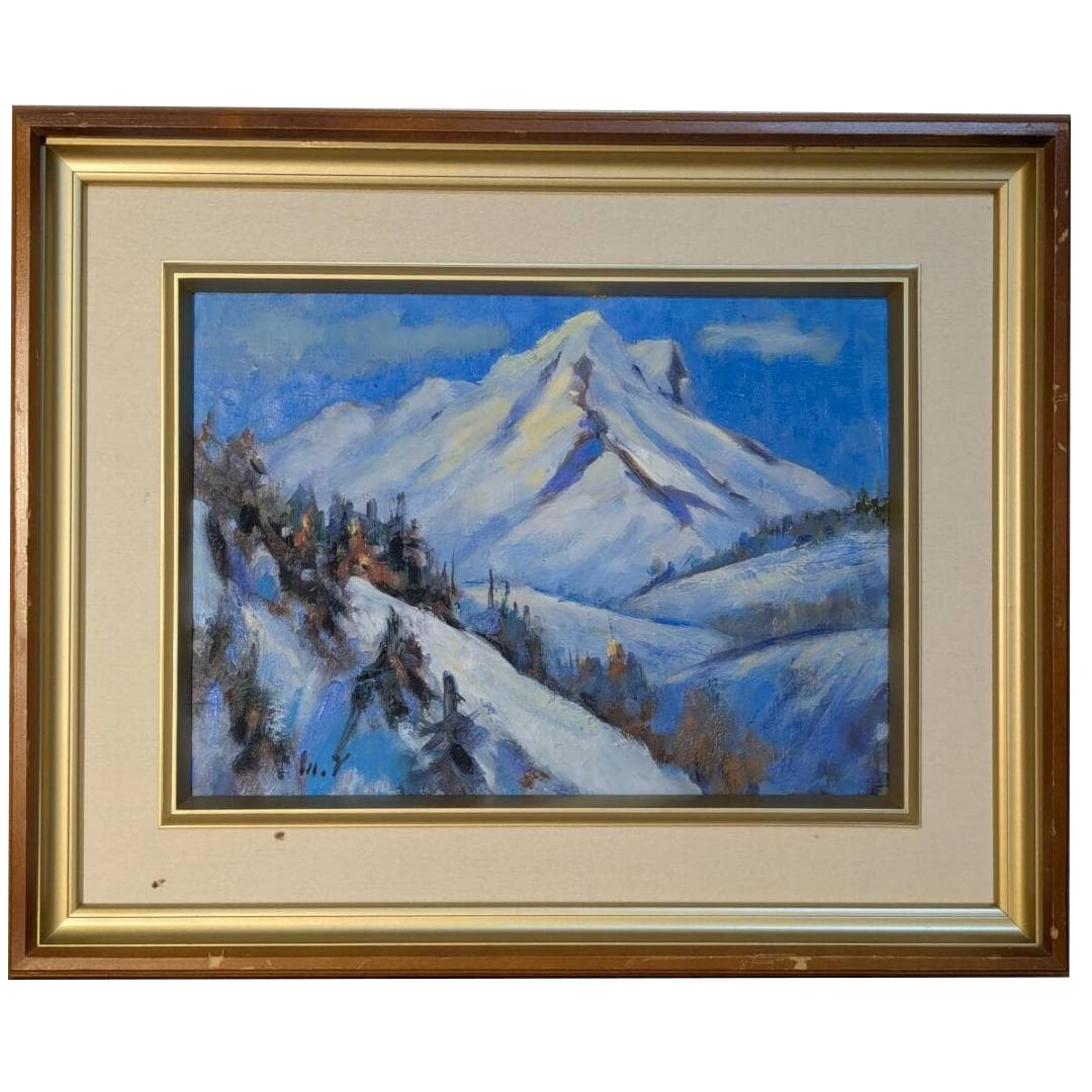 Oil painting by Yamauchi Masakazu, oil on canvas, size 4, "Daisetsuzan".: Oil Painting by Yamauchi Masakazu, oil on canvas, size 4, "Daisetsuzan," depicting a magnificent snow-covered mountain range. Product Description Frame Dimensions: Approximately 50 x 40 cm Artwork Dim
