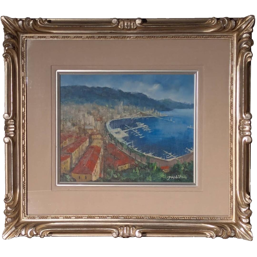 Painting by Furuta Toshiyuki, Oil on Canvas No. 3, Port Town in the Mediterranean, Southern France.: Painting by Furuta Toshiyuki, Oil on Canvas No. 3, Port Town in the Mediterranean, Southern France Frame Dimensions: Approximately 48 x 42 cm Artwork Dimensions: Approximately 28 x 23 cm