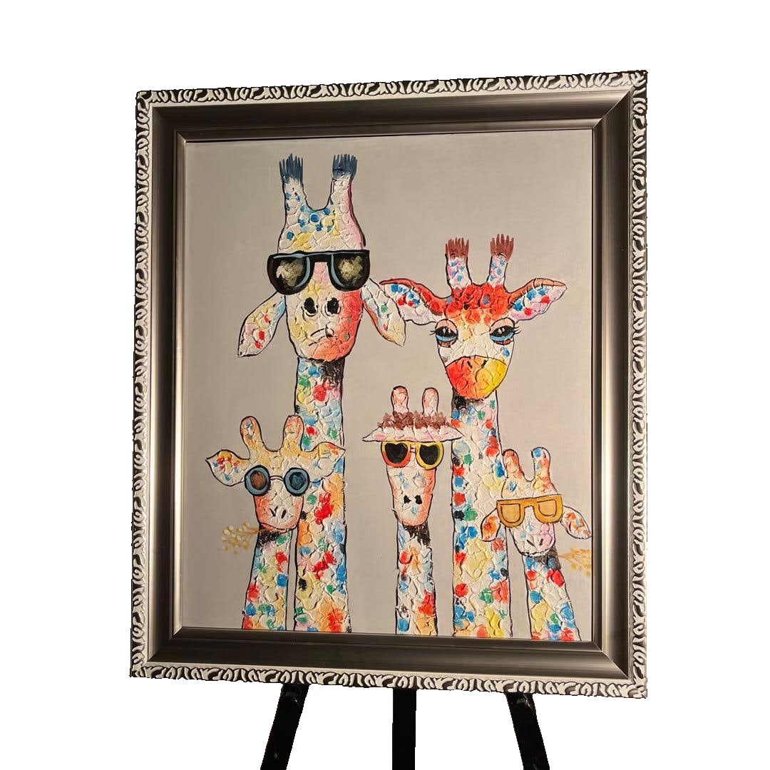Hand-painted oil painting of a family of giraffes, framed, original artwork. (1 of 11)