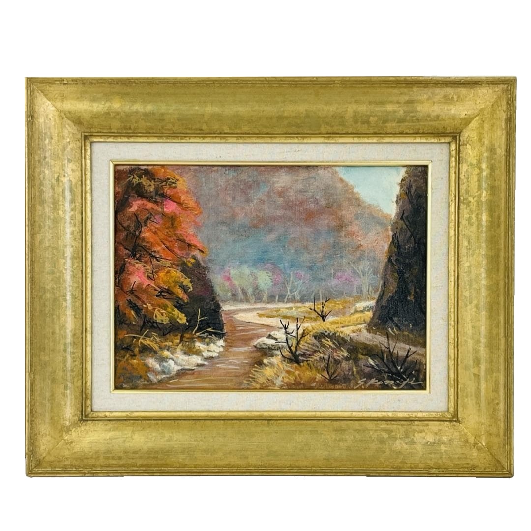 Authenticity Guaranteed: Kinde Shigetomi "Late Autumn River" Original Oil Painting, Landscape: [Artist] Kinde Shigetomi [Artwork Title] BanshU no Kawa (River in Late Autumn) [Technique] Hand-painted oil painting [Signature] Signed by the original artist. [Includes] Original seal and packaging b