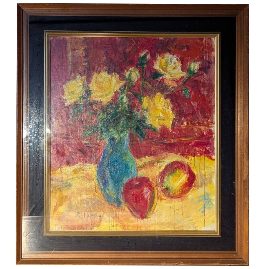 Oil on canvas, size 10 canvas, still life: yellow roses, vase, and fruit.: Oil on canvas, No. 10 canvas, Still Life: Yellow Roses, Vase, and Fruit, Red Background Description Frame dimensions: approximately 63 x 70 cm Artwork dimensions: approximately 45 x 53 cm