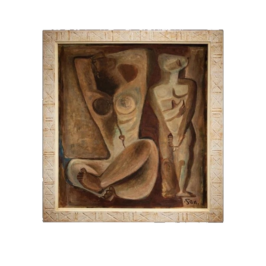 Takenaka SaburO "Double Pose" Oil on Canvas Large Work Nude Painting Kansai Comprehensive Exhibition: Oil painting by Takenaka SaburO titled "Double Pose". This artwork features the theme of male and female nudes. It is an impressive piece, particularly noteworthy for its depiction of human compositio