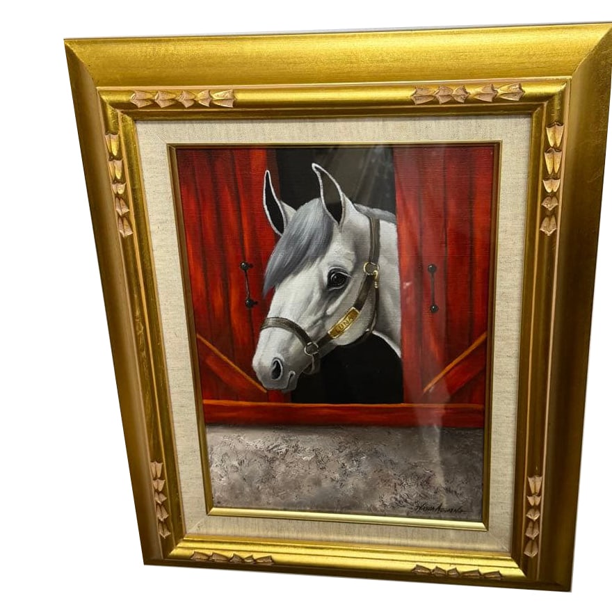 An oil painting of a horse.: An oil painting of a horse, featuring a red window within the painting, set in a gold frame, brand new and unused. Theme of the artwork: Portrait of a Horse Frame color: Gold Background color: Red Tec