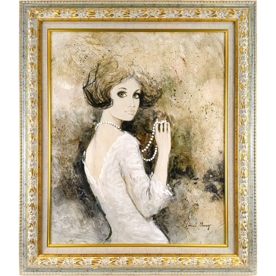 Bernard Charoy "Shinju no Nekkuresu" (Pearl Necklace) Oil Painting: A woman with distinct facial features is depicted on the canvas, with a string of pearls entwined around her fingers. The abstract brushstrokes in the background lend depth to this painting. Technique