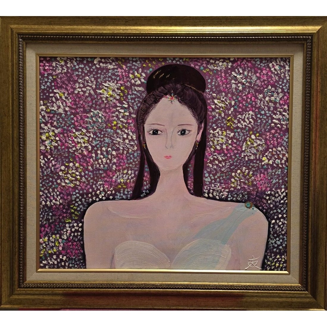 Tomoyuki, "Ajisai no Naka" (Among the Hydrangeas), oil painting.: Authenticity guaranteed, with certificate included. "Tomoyuki(Tomoyuki). Honorary member of the International Artists Friendship Association, with the artist's own handwritten signature. This is a val