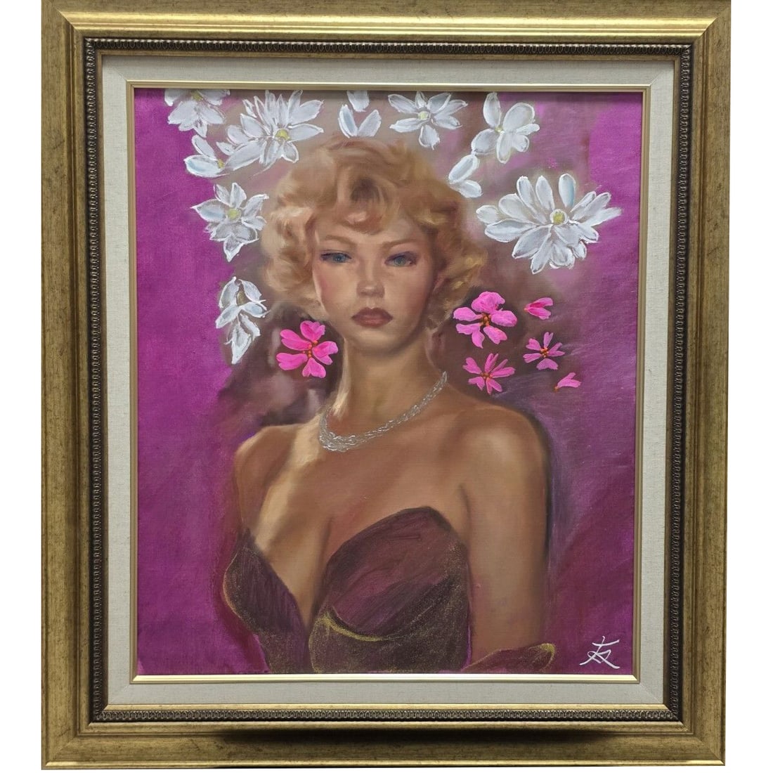 KokubikyO TOMOYUKI, 'Hana to Doresu', oil painting: Guaranteed authentic, with certificate. "Tomoyuki (Tomoyuki). Honorary member of the International Artists Friendship Association, with the artist's own handwritten signature. This is a valuable work 