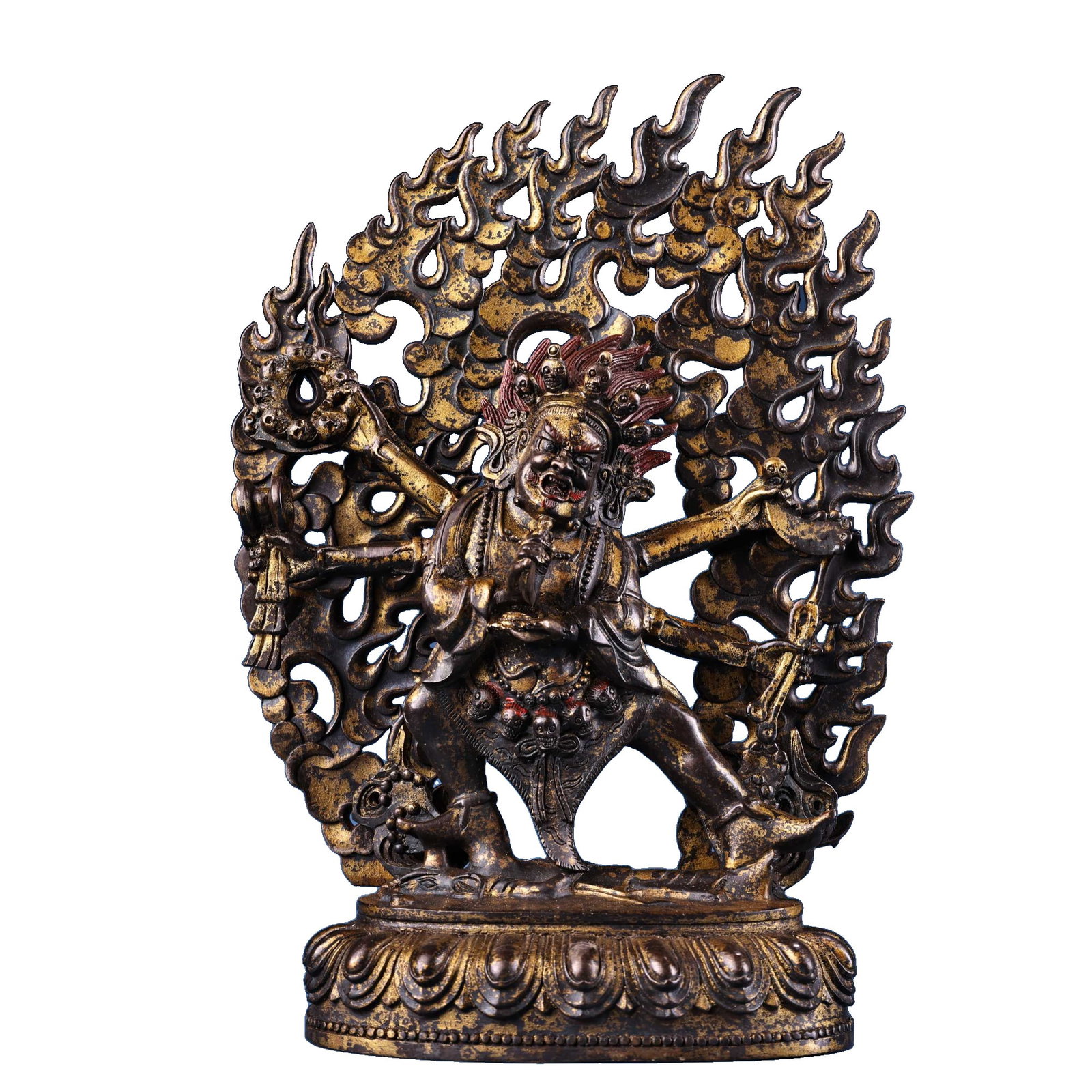 Copper high relief carved Tibetan-style statue of a six-armed Mahakala protector deity.: A finely crafted copper high relief carved Tibetan-style statue of a six-armed Mahakala guardian deity. Exquisite workmanship and exquisite craftsmanship. Weighs 2000 grams, 32 cm high, 23 cm wide.