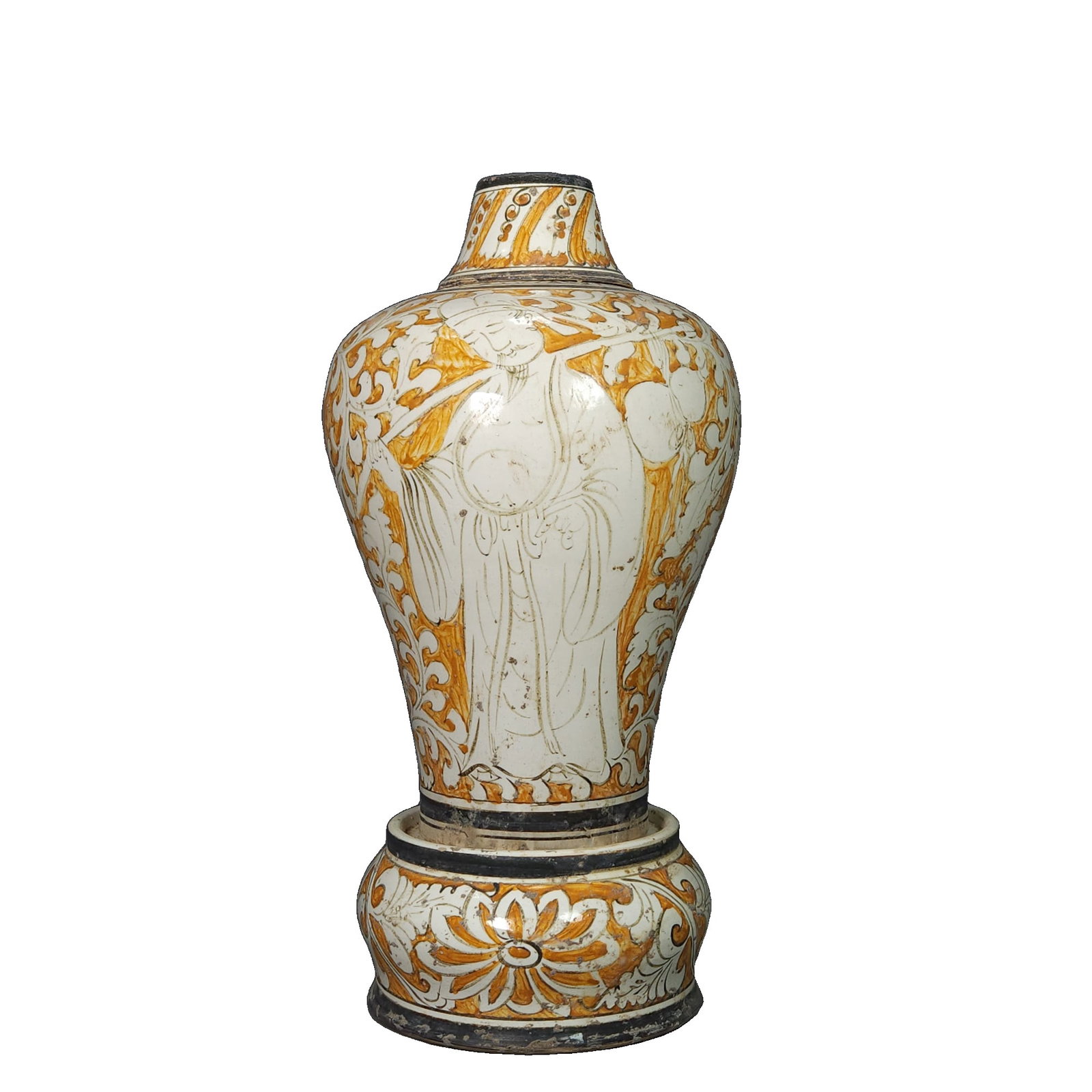 Song Dynasty yellow and white glazed figure-painted plum vase from Cizhou Kiln.: This is a Song Dynasty Meiping vase from Cizhou kiln with a yellow and white glaze. The vessel has an elegant and graceful shape, with a full and rounded neck and a plump abdomen, displaying a classic