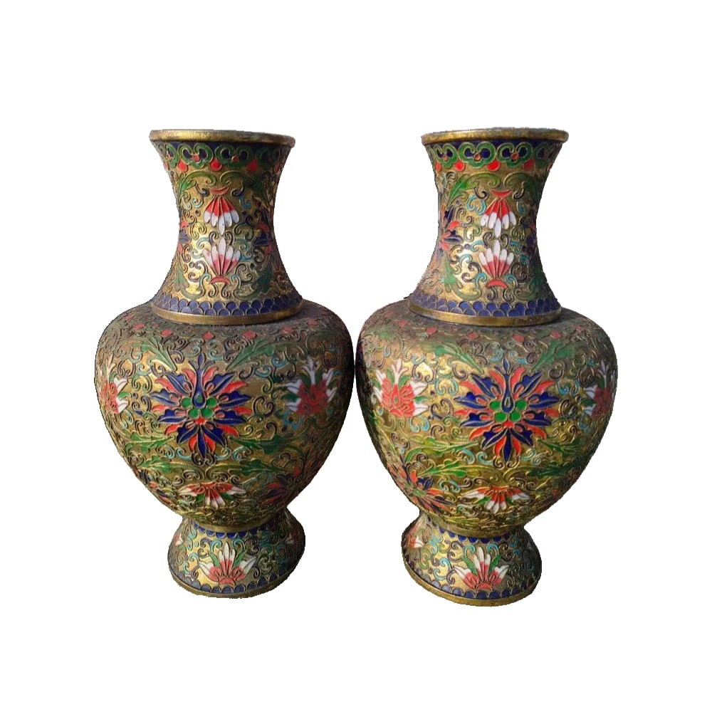 A pair of antique cloisonné vases for display of wealth and prosperity. (1 of 9)