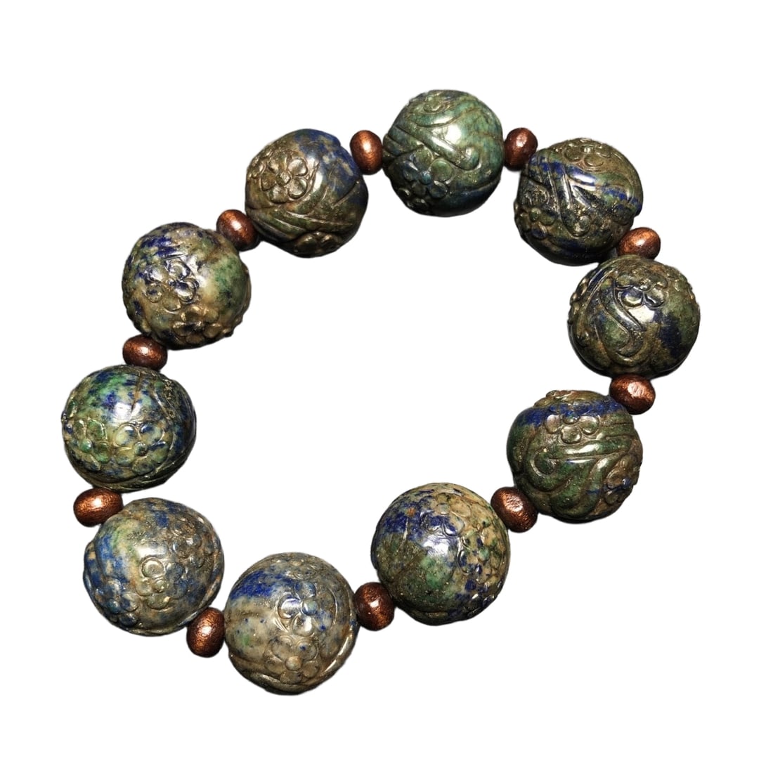 Tibetan Blue Kyanite Bracelet: Old Tibetan lapis lazuli bracelet, with aged patina, detailed as shown in the picture, dimensions diameter 1.8 cm, weight 89.3 grams.