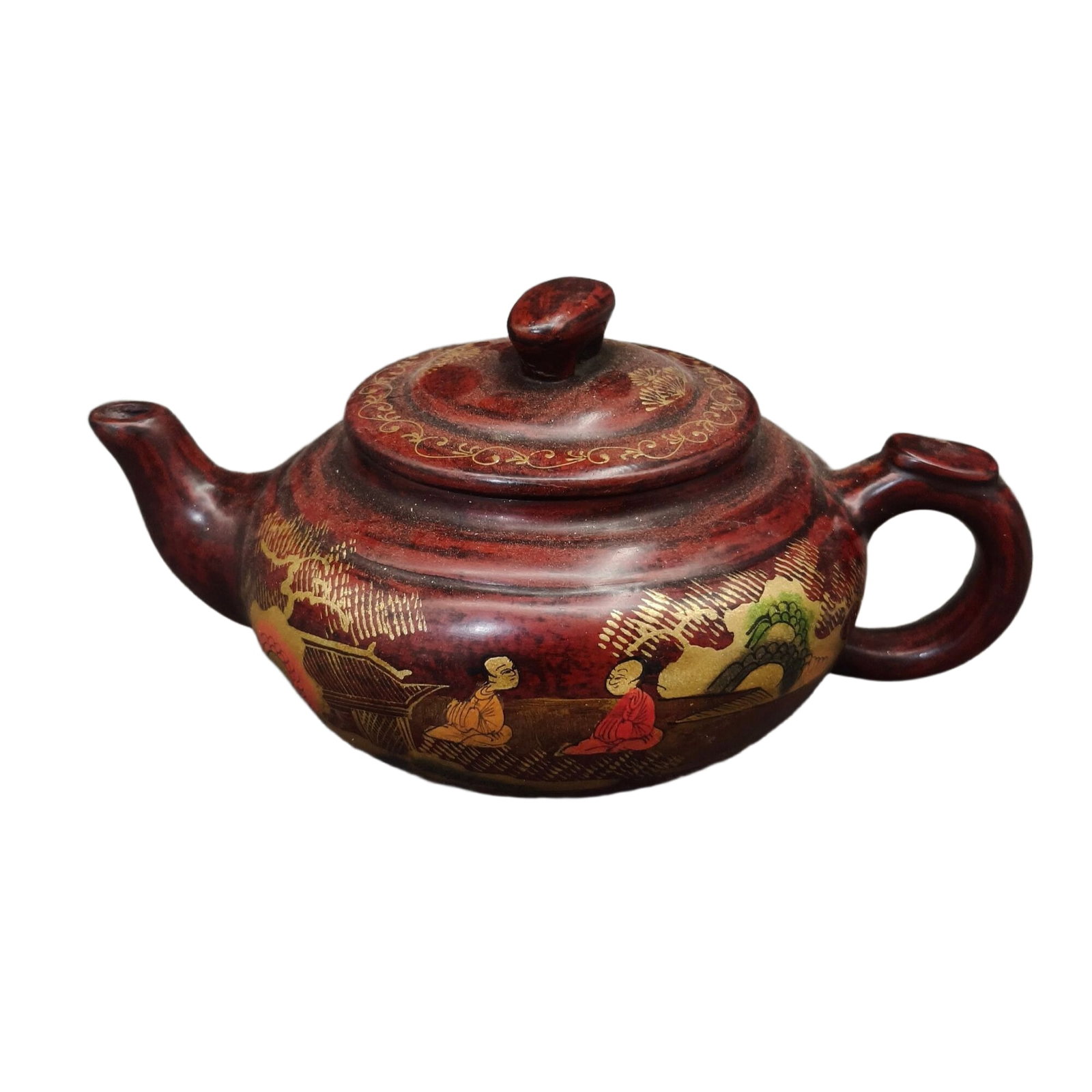 Lacquerware box containing a purple clay teapot.: Inside the lacquerware box is a purple clay teapot, exquisitely crafted by hand. The patina is thick and heavy, the clay is fine, the color is lustrous, the texture is smooth, the shape is dignified a