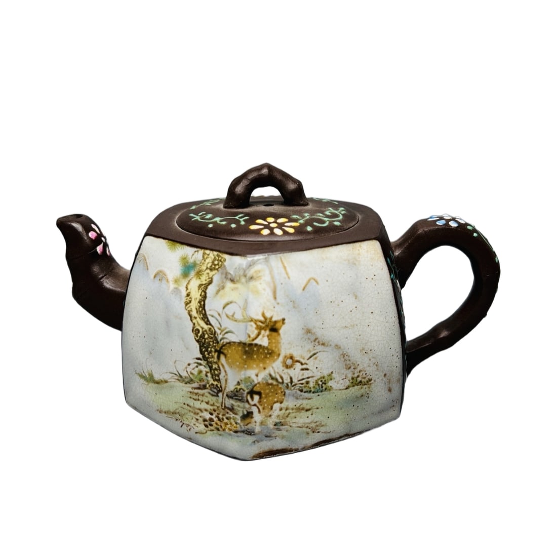 Yixing Zisha Original Ore Purple Clay Teapot: Yixing Zisha Original Ore Zisha Cloisonné By Yang Pengnian Product Name: Cloisonné Six-sided Plum Blossom Deer Capacity: 360cc, dimensions as shown in the picture