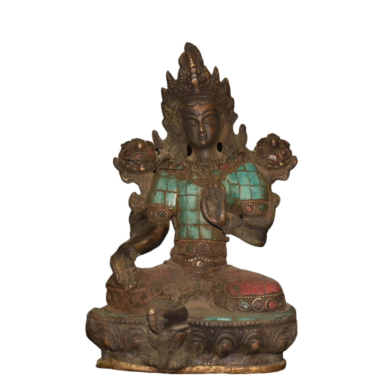 A Nepalese pure copper statue of Green Tara inlaid with red and green gemstones.: Nepalese pure copper inlaid with red and green pine gemstone Green Tara statue. Width 13 cm, thickness 10 cm, height 20 cm, weight around 1800 grams.
