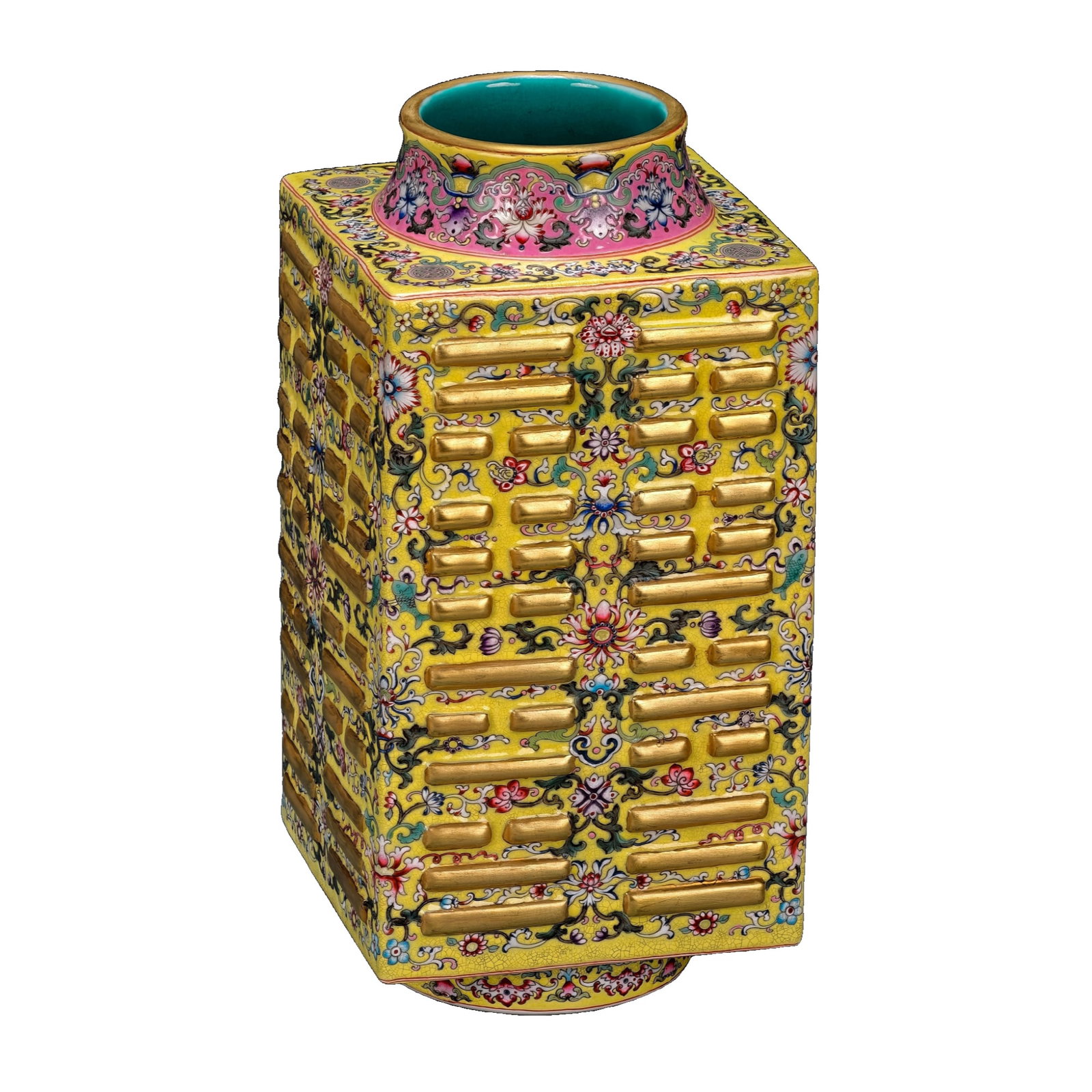 Qianlong Reign of the Great Qing Dynasty, a square vase in the style of Bagua Cong.: ??Made in the Qianlong period of the Qing Dynasty?A fine and exquisite cloisonné yellow ground square vase with intertwined lotus branches in gold relief of Bagua cong style. 30 cm in height and 20