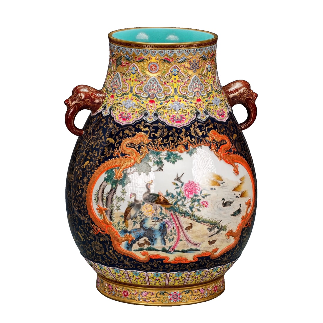 Qianlong period Qing Dynasty dragon ear lucky barrel and bottle.: Official kiln [Made in the Qianlong period of the Qing Dynasty], gold-painted enamel-decorated porcelain vase with flower patterns/ gemstone blue glaze with gold-painted intertwined floral patterns on