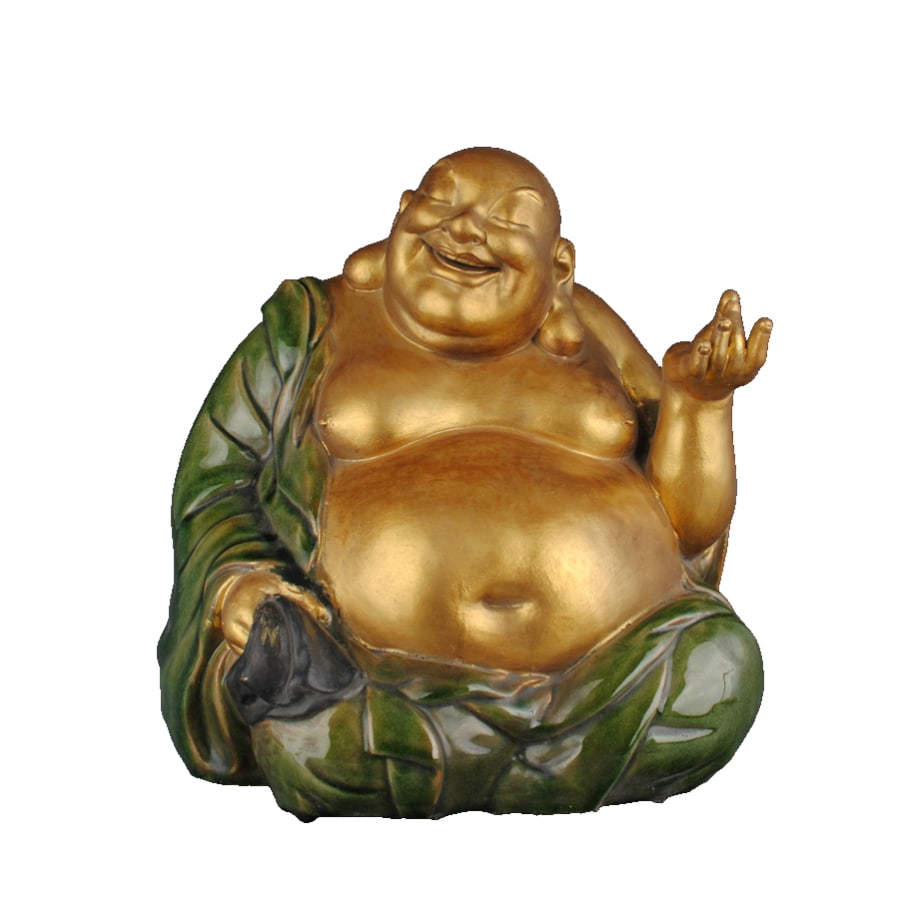 Late Qing Dynasty green-glazed gilt Maitreya Buddha.: Late Qing Dynasty statue of Maitreya Buddha with green glaze and gilded, 34 cm high and 33 cm wide.