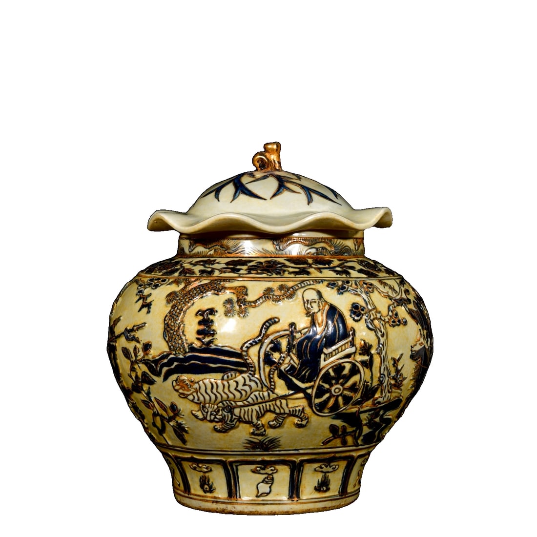 Blue and white porcelain jar with gold painted relief of characters from the story of Guiguzi (1 of 10)