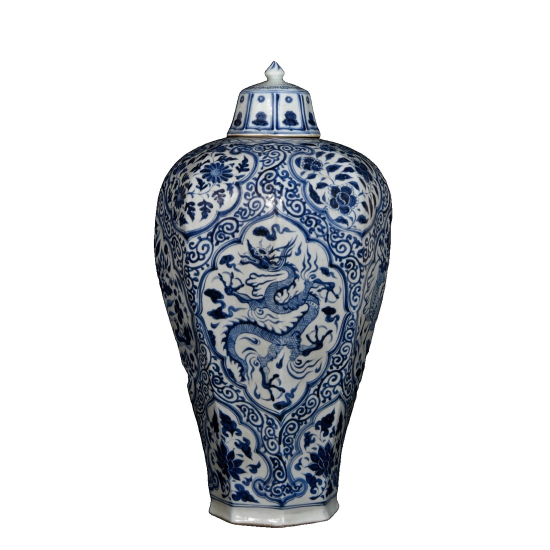 Blue and white porcelain vase with dragon pattern and eight-sided shape. (1 of 10)