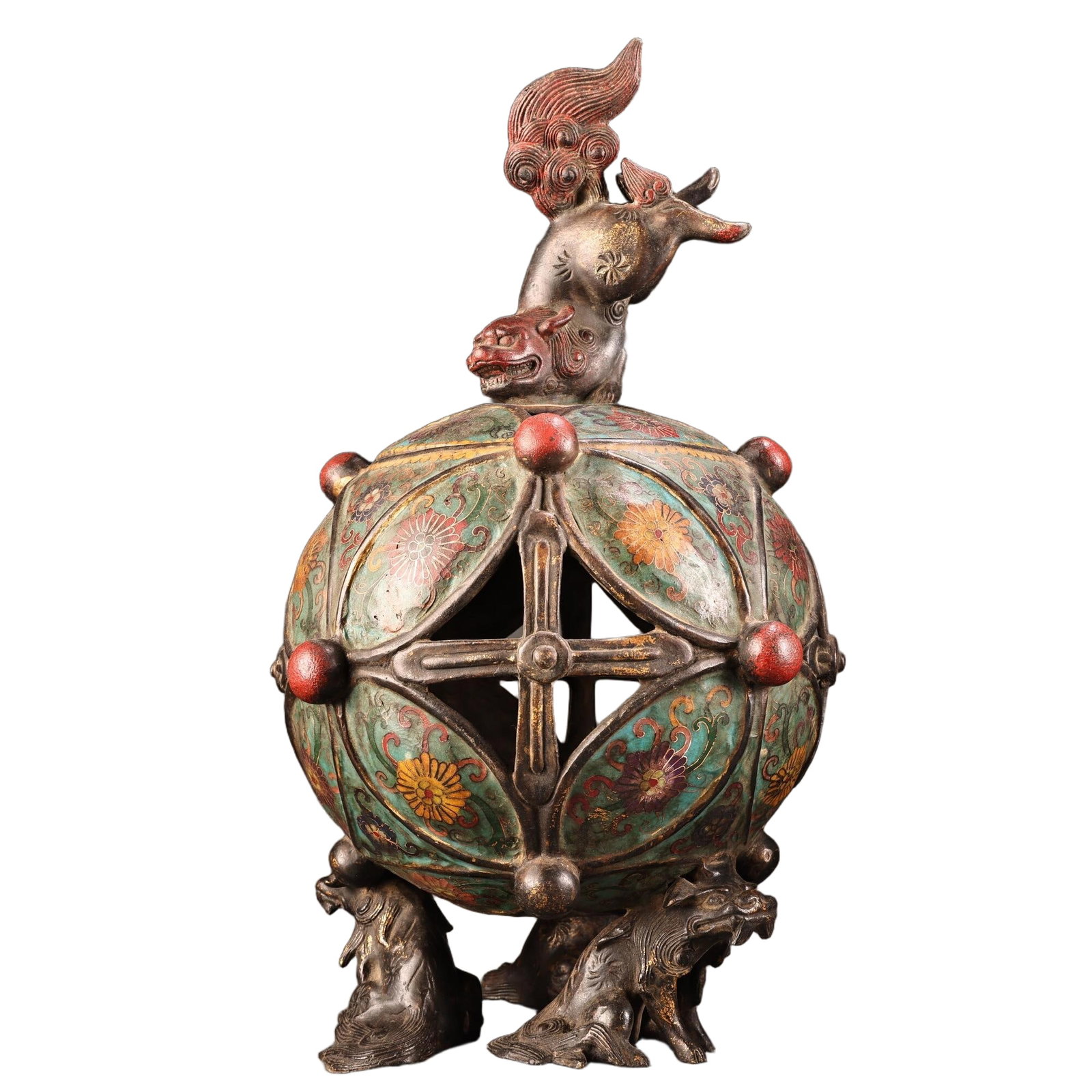 Cloisonné lion incense burner with lion playing with a ball. (1 of 11)