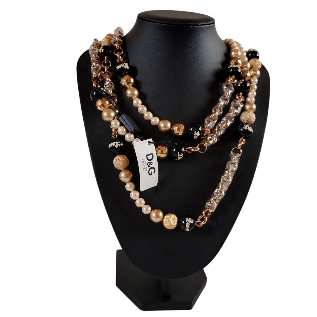 Second hand - Brand new unused Dolce&Gabbana pearl gold necklace, comes with original box.: Dolce & Gabbana (D&G) Pearl Mirrored Ball Necklace, Long Chain, Gold, Rare Edition LOVE Logo Jewelry Accessories Party Dress New Stock Luxury Tailored Multi-layer Gift Size Length 120 cm Width 20 mm