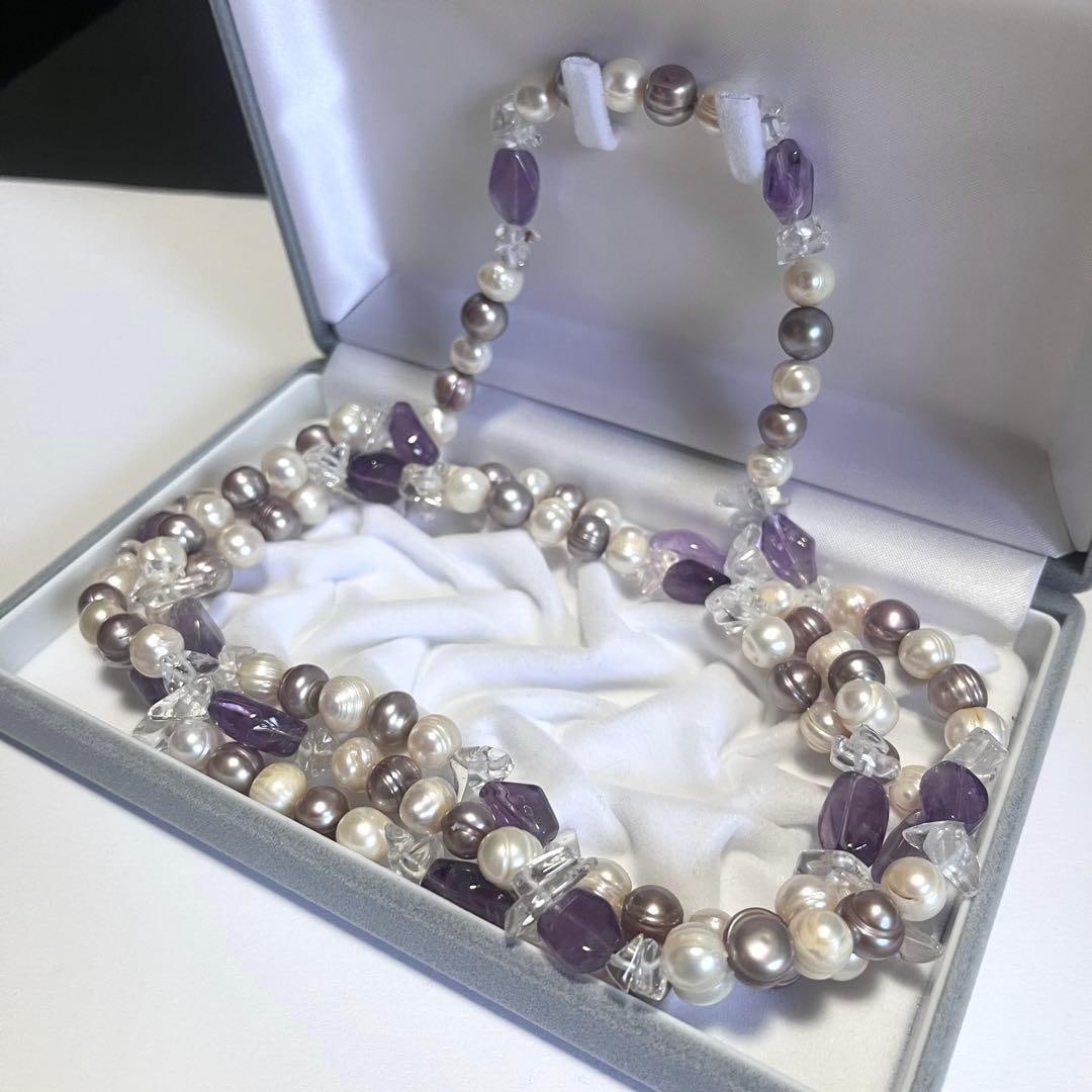Second-hand - Natural Pearl Amethyst Long Necklace: 130 cm, natural pearl amethyst long necklace