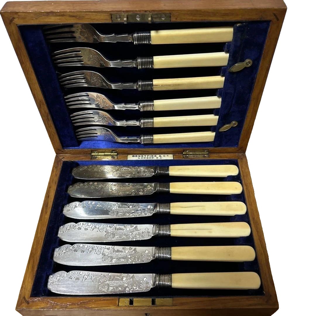 Antique Silver Knife and Fork: This set of tableware was sold approximately 130 years ago by the silversmith "BENETFINK & Co" located in Cheapside, London, England. Beneftink was evidently a legendary purveyor of high-end