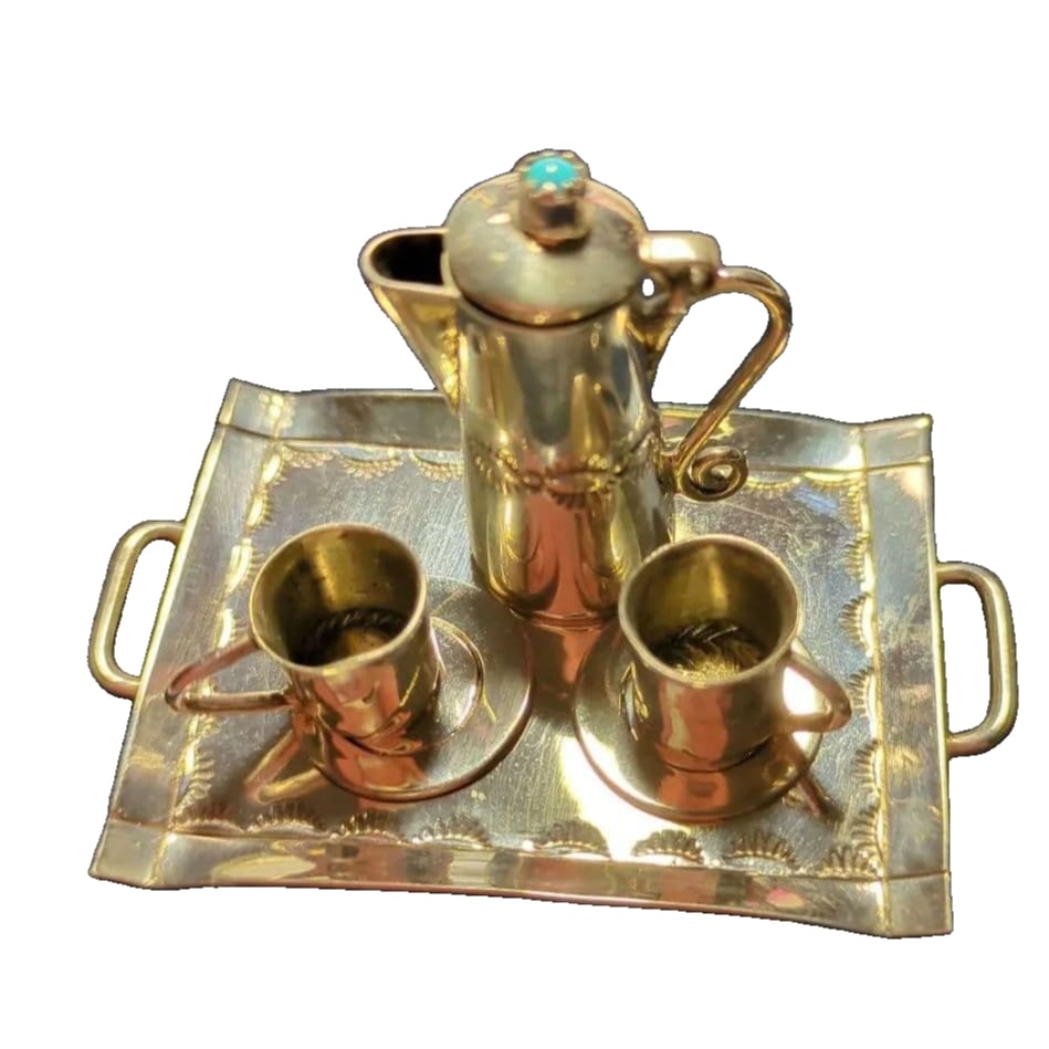 Navajo Miniature Silver Tea Set, 4-piece set, made of pure silver, with A mark, brand new and: This is a finely crafted four-piece mini silver tea set, made using Navajo silverware techniques. Teapot (with turquoise-colored lid), two teacups and saucers, tray Marked with "A" for pure silver