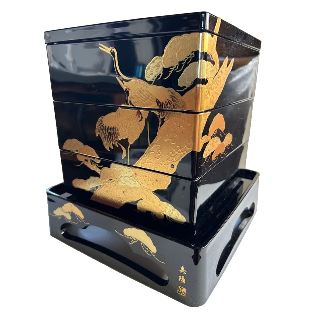 [Unused] Aizu lacquerware inlaid bento box, made by Hasegawa Yasuo, three-tiered box with stand, (1 of 14)