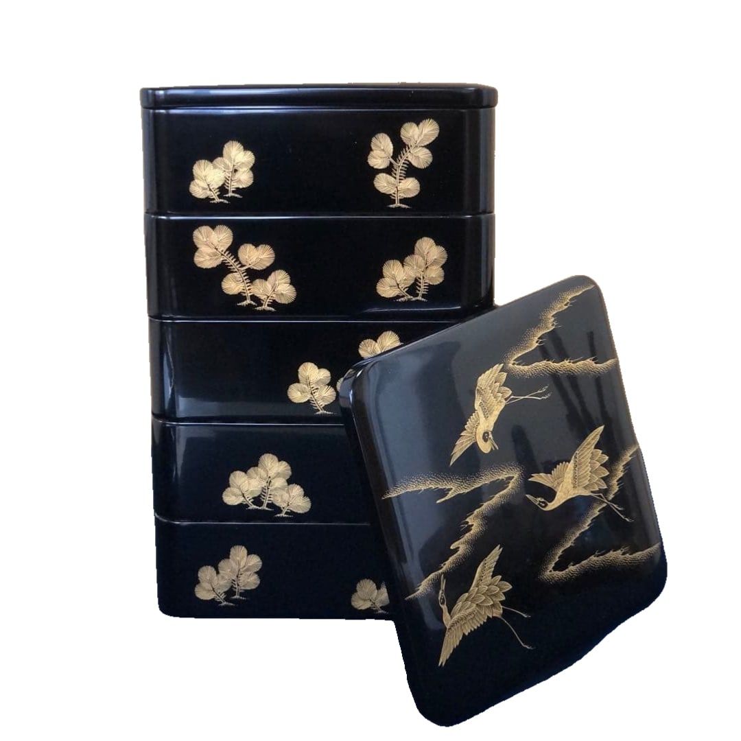 Wajima-nuri Chinkin Wakakatsu Mai-Tsurugi Five-Tiered Lacquered Box with Replacement Lid, with: Wajima-nuri Chinkin Wakatsuru Godan-ju with Replacement Lid and Stand, Made by Sanga Matsukado There are some minor scratches, but no obvious damage. Wooden lacquerware. Dimensions Each layer measures