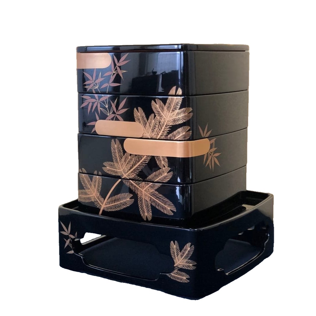 Wajima lacquerware, design featuring pine, bamboo, and plum blossoms, four-tiered bento box with (1 of 12)