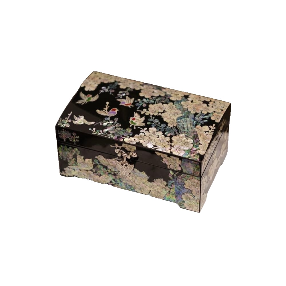 Chinese Pearl Lacquer Jewelry Box (with Mother-of-Pearl Inlay, Handcrafted): Chinese Pearl Lacquer Jewelry Box (with Mother-of-Pearl Decoration, Handmade) Dimensions 18.5 cm x 8.5 cm x 11.2 cm Weight: 0.66 kg Materials Natural Shell + Wood 1. White Mother-of-Pearl Inlay: Austr
