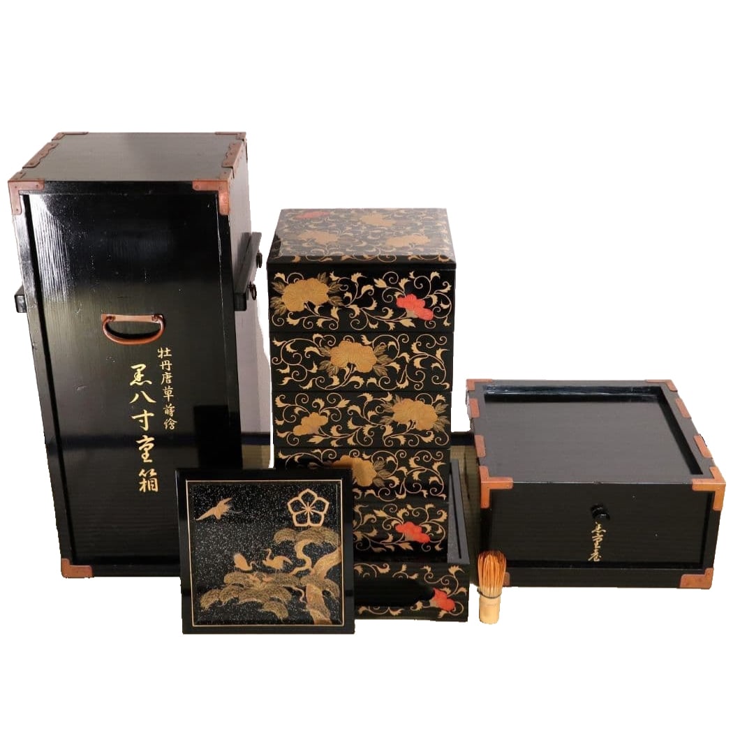 Antique peony and Arab-style gold lacquerware, black lacquer, pear skin texture, five-tiered bento: Antique Lacquerware: Peony and Arabesque Design Gold Maki-e, Black Lacquer, Pear Skin Texture, Five-Tiered Bento Box, with Stand, Double Lid, Family Crest (Bellflower Pattern), Pine and Crane Motif, W