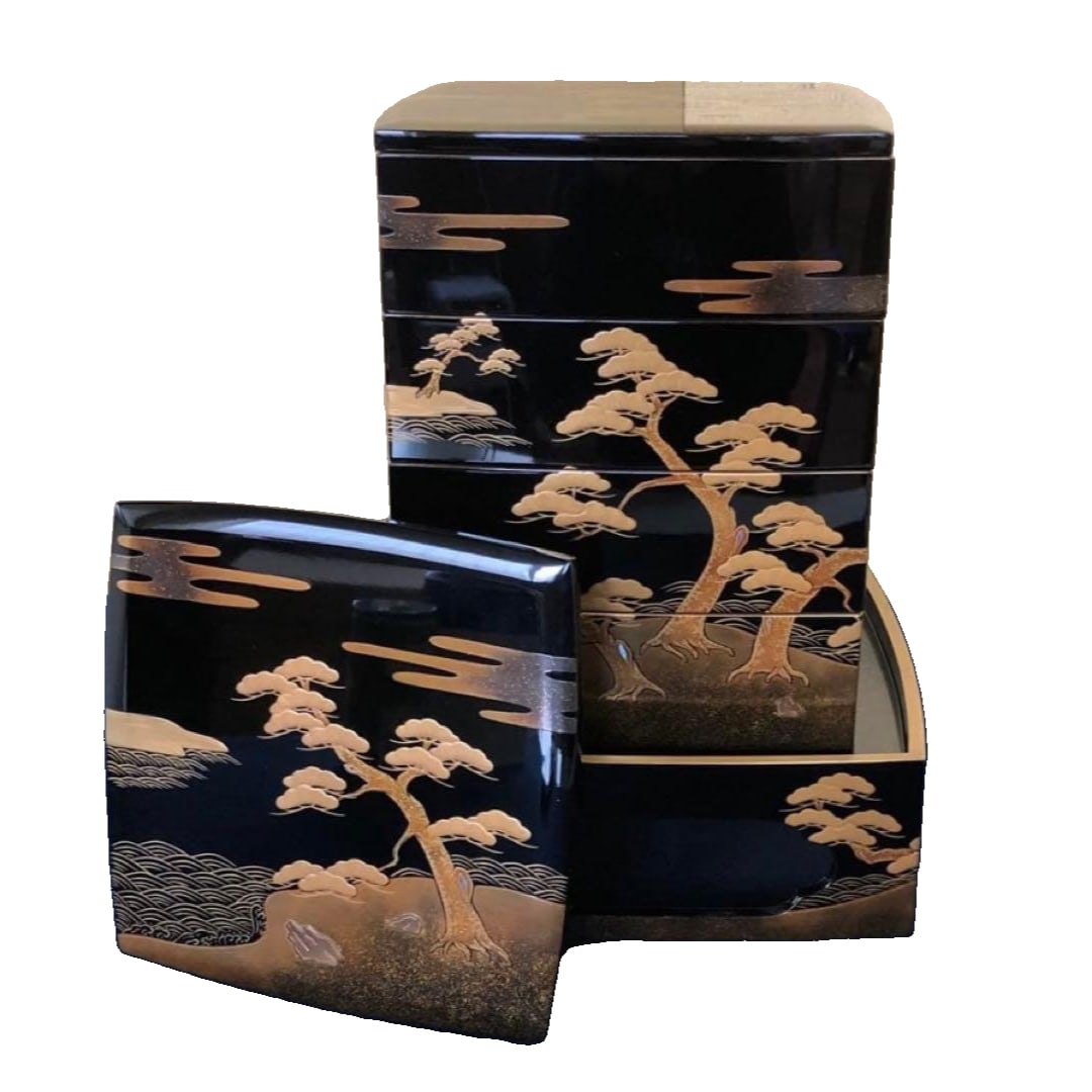 Wajima lacquerware four-tier bento box, with interchangeable lid and stand, made by Gotoya, (1 of 13)