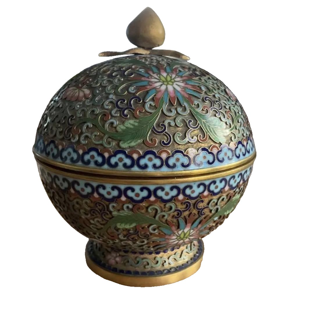 Enamelled floral pattern incense box with cover.: A cloisonne incense box adorned with exquisite floral patterns. Design: A decorative incense box featuring floral and leaf motifs. Material: Metal Color: Multicolored (blue, green, red, gold) Shape: S