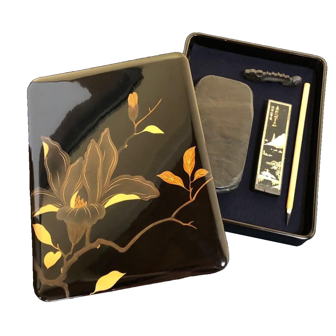 Wajima lacquerware inlaid painting inkstone box set, by Dochu Ittaro, with cloth-covered Honkoji. (1 of 13)