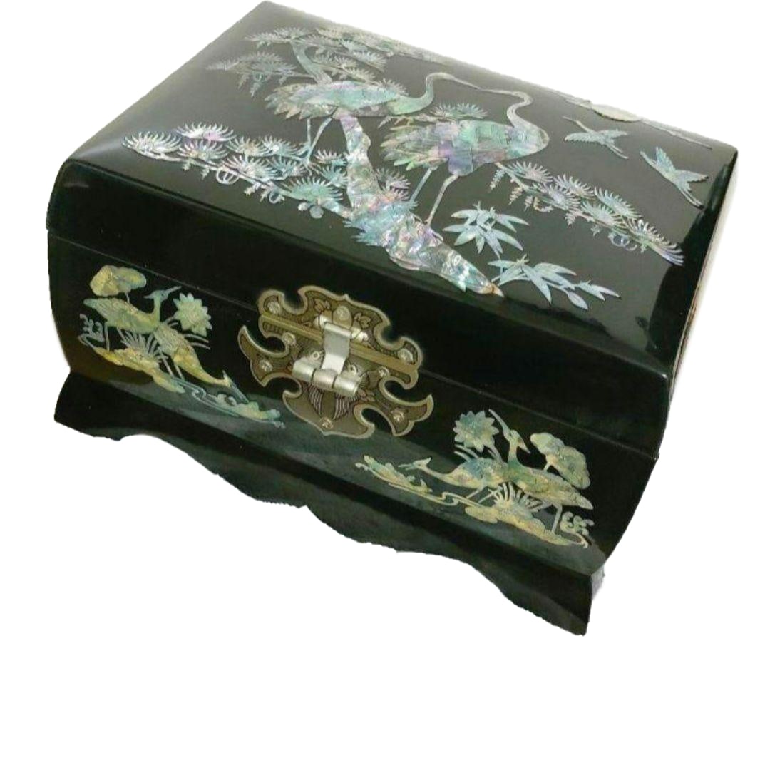 Mother-of-pearl black lacquer jewelry box, with mirror and music box. (1 of 11)