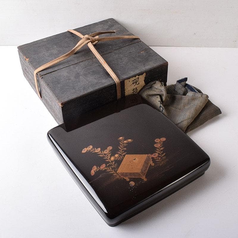 Calligraphy Tools: Black Lacquer Inkstone Box (decorated with Go board patterns), Dropper, Inkstone,: Calligraphy Tools: Black Lacquer Inkstone Box (decorated with Go board pattern), Dropper, Inkstone, and Antique Box Dimensions: Height approximately 4.2 cm, Width approximately 22.5 cm x 23.8 cm