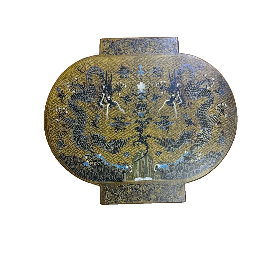 Dragon-Pattern Lacquer Document Box: An exquisite lacquer document box, with a gold base, adorned with dragon motifs and wave patterns. Design: Featuring a gold background, embellished with a dragon design. Decoration: Includes blue wave