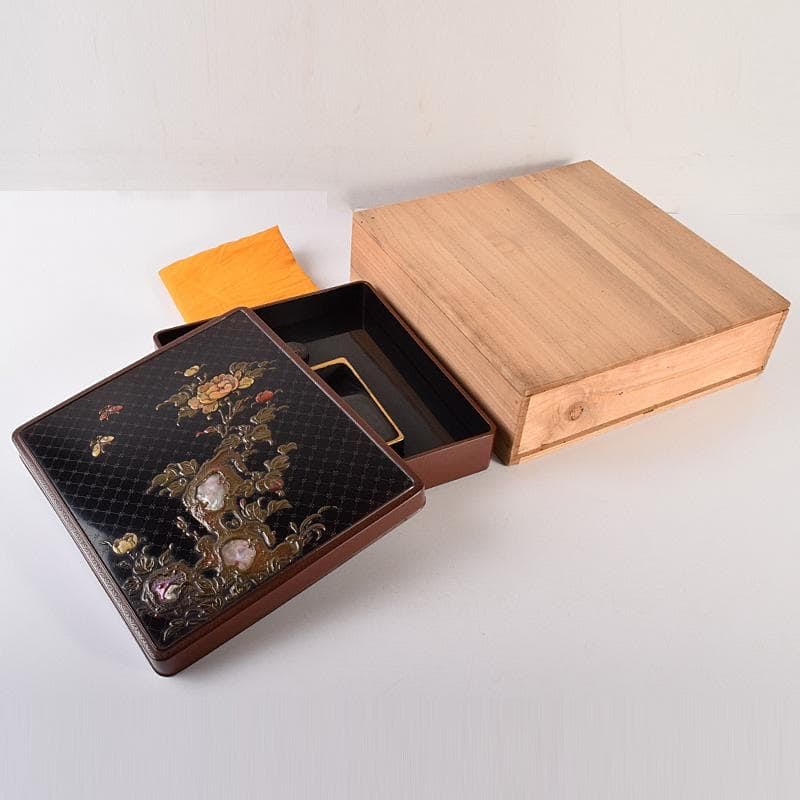 Calligraphy Implements: Black lacquer inkstone box, inlaid with jade and mother-of-pearl, adorned: Calligraphy Implements: Black Lacquer Inkstone Box, Inlaid with Jade and Mother-of-Pearl, Decorated with Floral and Butterfly Motifs, Accompanied by an Antique Box Dimensions (Box) Height approximatel