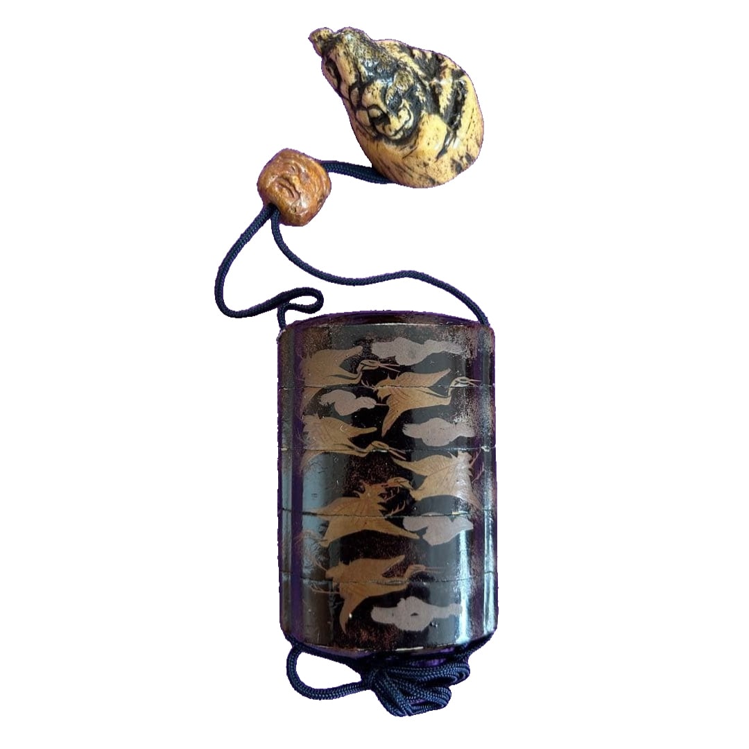 Bird Illustration, Printed Cage Netsuke of a Crane, with Inscription: This is an inro (small decorative container) featuring a bird motif. The animal on the netsuke is inscribed with the characters (Tomoharu). Please refer to the photographs, as there is a chip on one