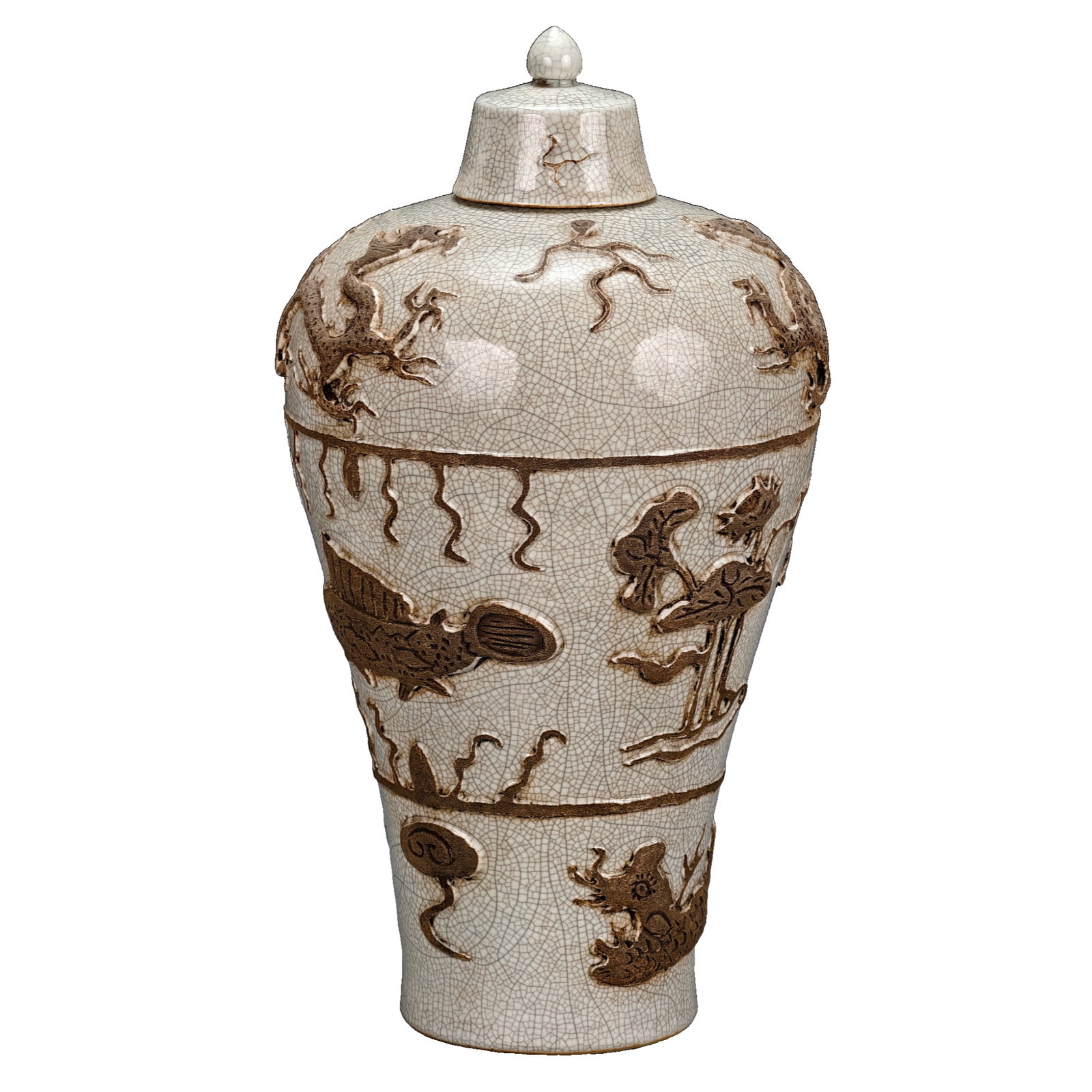 Mid-Qing Dynasty - White glaze with cloud dragon pattern, covered plum bottle.: Mid-Qing Dynasty - White Ge Kiln small openwork relief carved porcelain plum vase with lotus pond and fishweed/cloud-piercing dragon pattern. 54 cm in height, 27 cm in width. The vase with cover in th