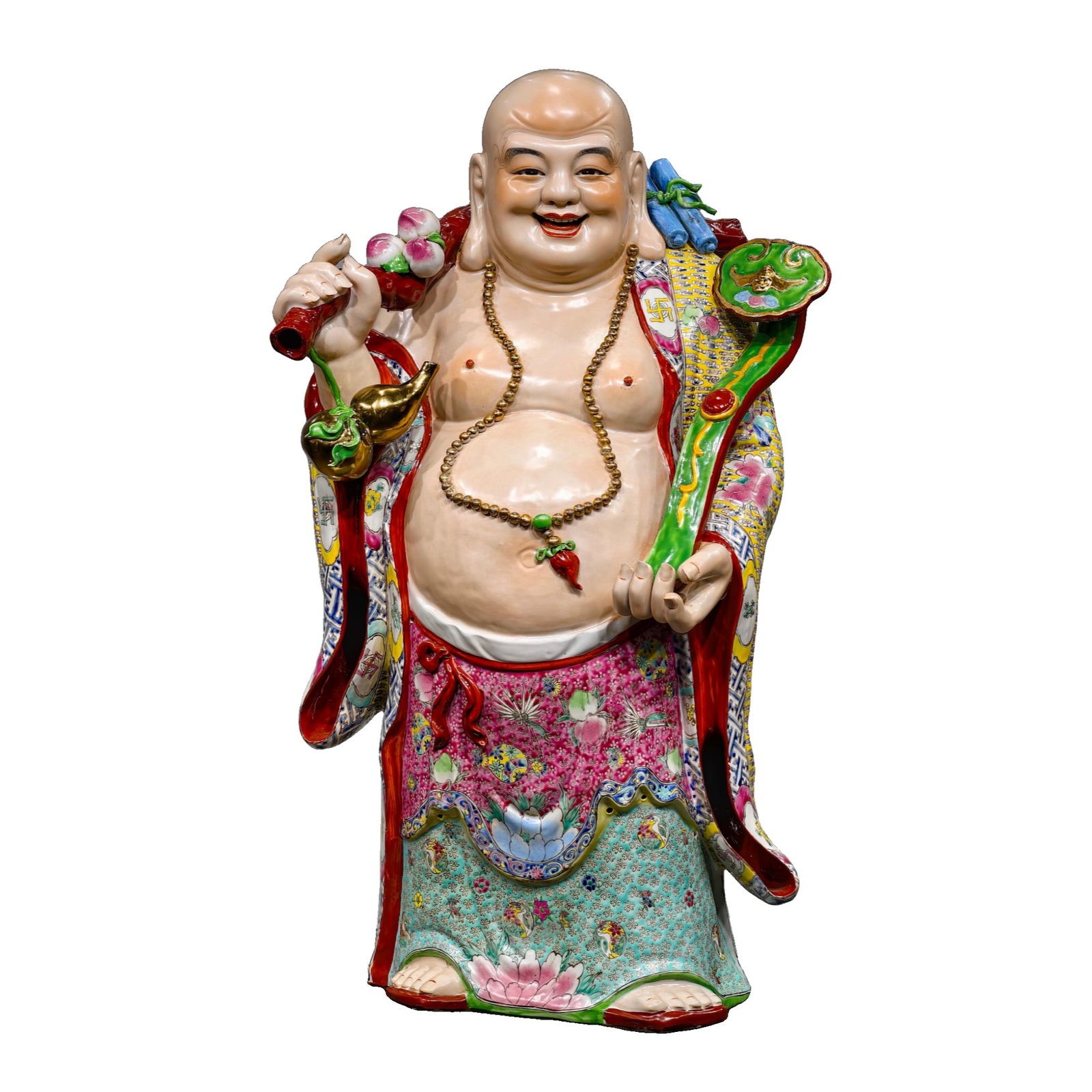 Qing Dynasty, created by Zeng Longsheng, a standing statue of Maitreya Buddha in famille rose.: Qing Dynasty, created by Zeng Longsheng, a standing figure of Maitreya Buddha in famille rose style. 79cm in height, 47cm in length, 38cm in width. The Buddha's face is exquisitely kind, with a vivid 