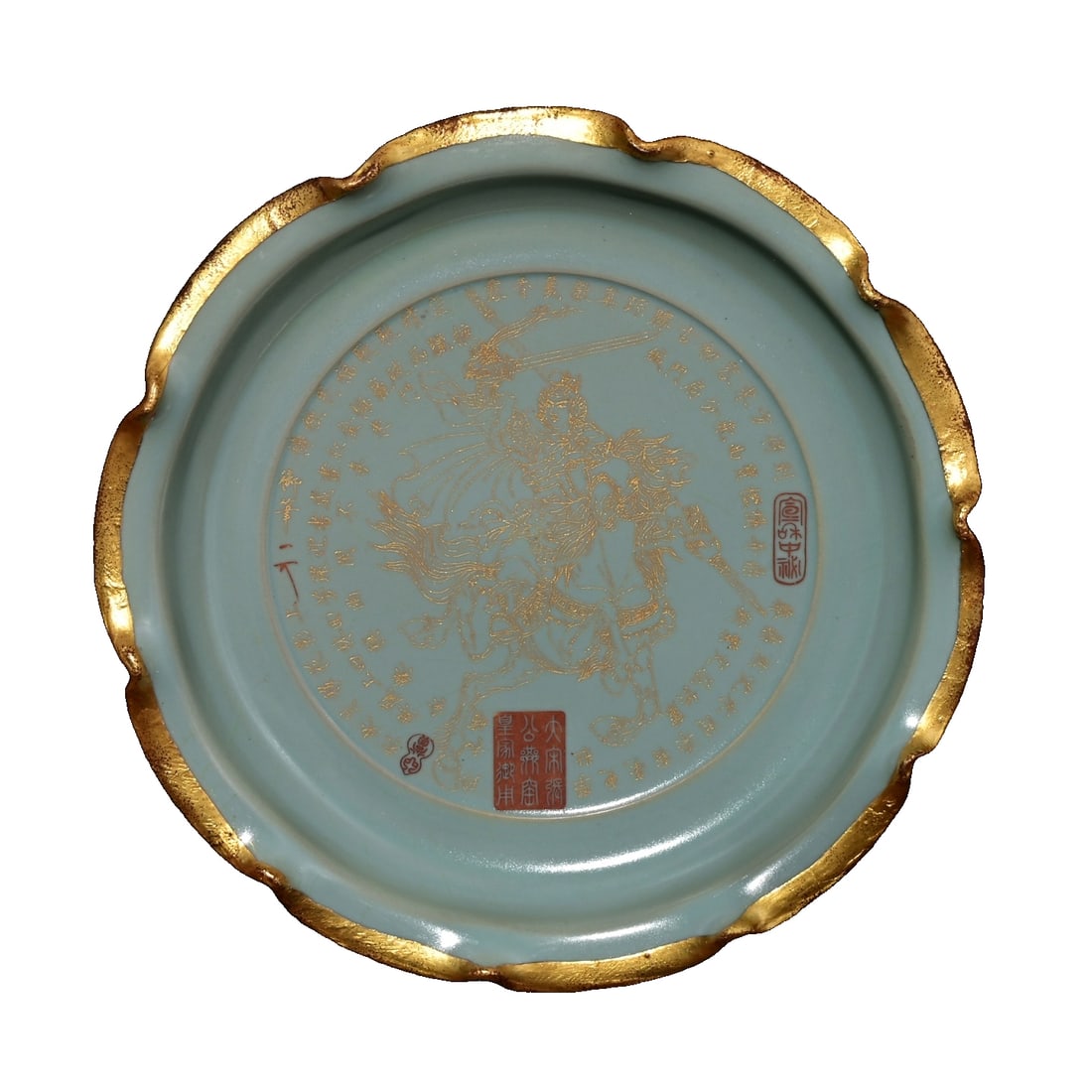 Imperial Qinglongsi plate with a warrior design from the Ru kiln.: This plate is an imperial piece from the Qinglong Temple of Ru kiln in the Song Dynasty. It has a round mouth and measures 5.8×29 centimeters in height. The entire piece is coated with the typica