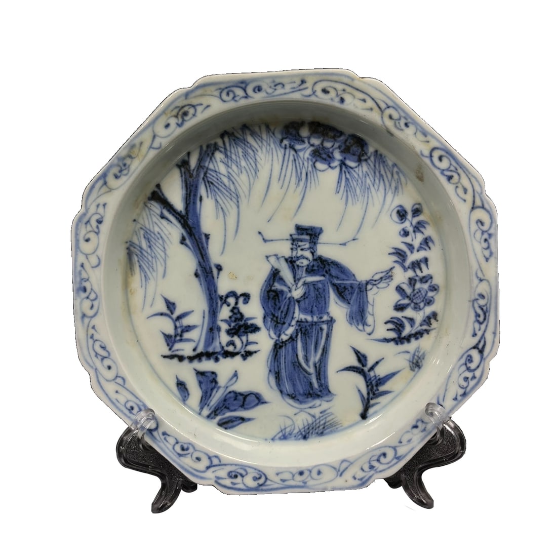 Ming Dynasty blue and white tea tray with figure pattern, cup holder. (1 of 10)