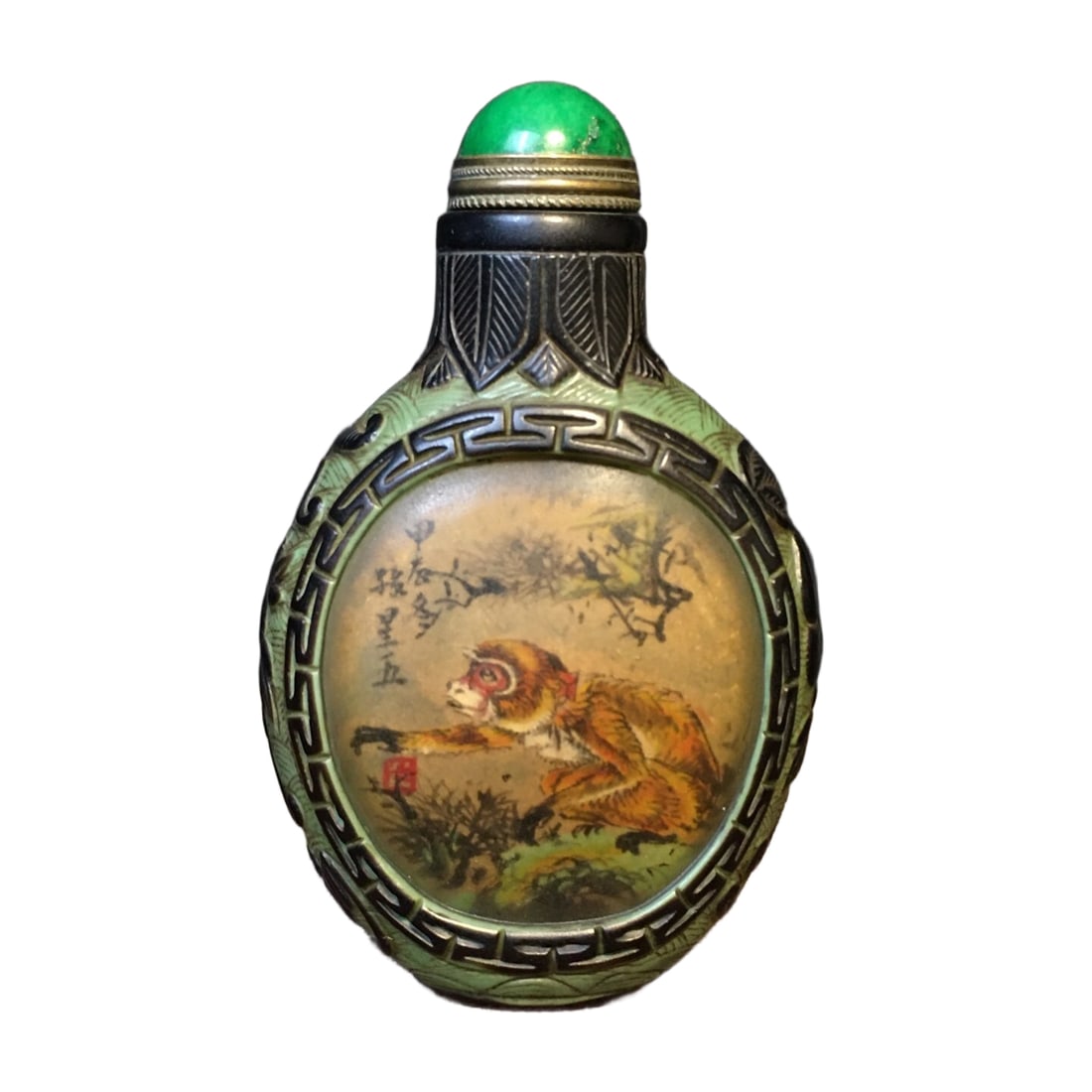 Liu Li carved snuff bottle with interior painting: A snuff bottle with inside painted glass carving, measuring 6 cm in length, 3 cm in width, 9 cm in height, and weighing 90 grams.