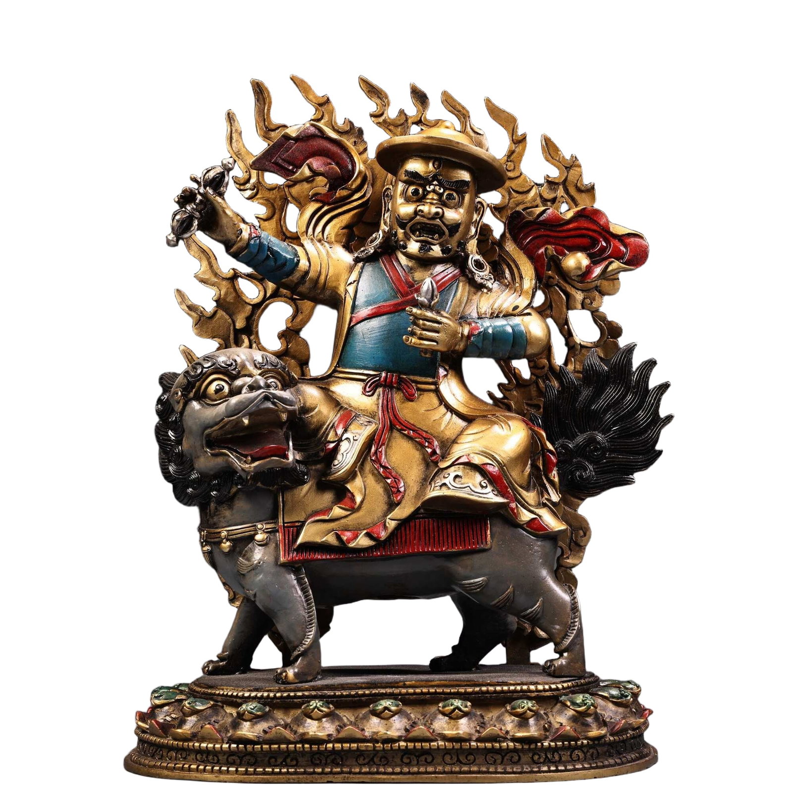 One single statue of a Tibetan copper high relief carved and painted guardian deity with gold: Tibetan pure copper high relief engraved craft painted with gold and colored drawing of a single guardian deity Buddha statue. Exquisite craftsmanship and fine detailing. Weighs 3300 grams, 31 centime
