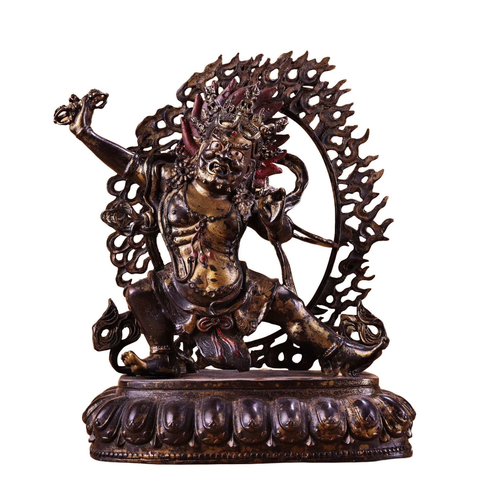 A statue of Vajrapani, a protector deity, carved in high relief from copper.: A finely crafted copper high relief sculpture of Vajrapani, a guardian deity in Buddhism. Exquisite workmanship and delicate carving. Weighs 3900 grams, 32 centimeters in height, and 24 centimeters