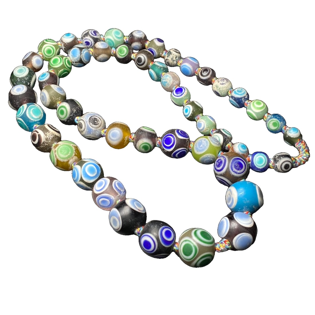 Old glass multi-treasure dragonfly eye Buddha bead necklace: Ancient Glass Multifaceted Dragonfly Eye Buddha Bead Necklace Size: Approximately 10 millimeters at the smallest, 16 millimeters at the largest Dragonfly eye is a colloquial term for an ancient