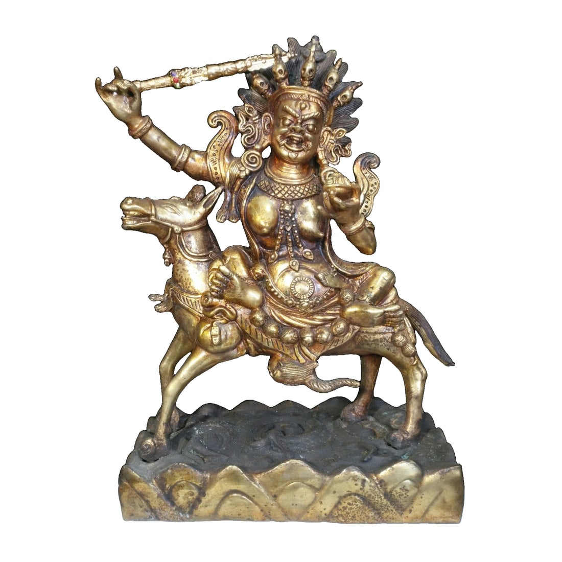 A copper-gilt statue of a Tibetan Buddhist deity, the auspicious mother Buddha.: Copper-gilt Tibetan Buddhist statue of the auspicious deity, the Wrathful Tara The "Wrathful Tara" is a wrathful manifestation, with a fierce expression that can subdue demons, eliminate karmic